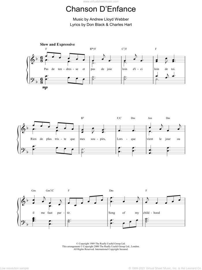 Chanson D'Enfance sheet music for piano solo by Andrew Lloyd Webber, Aspects Of Love (Musical), Sarah Brightman, Charles Hart and Don Black, intermediate skill level