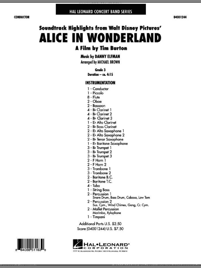 Alice In Wonderland, Soundtrack Highlights (COMPLETE) sheet music for concert band by Michael Brown and Danny Elfman, intermediate skill level