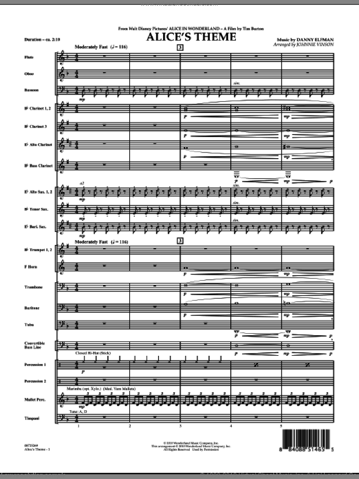 Alice's Theme (from Alice In Wonderland) (COMPLETE) sheet music for concert band by Johnnie Vinson and Danny Elfman, intermediate skill level