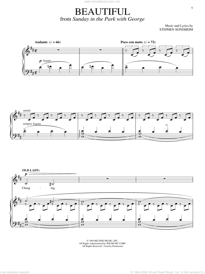 Beautiful sheet music for voice and piano by Stephen Sondheim and Sunday In The Park With George (Musical), intermediate skill level