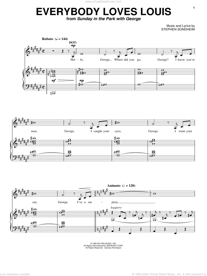 Everybody Loves Louis sheet music for voice and piano by Stephen Sondheim and Sunday In The Park With George (Musical), intermediate skill level