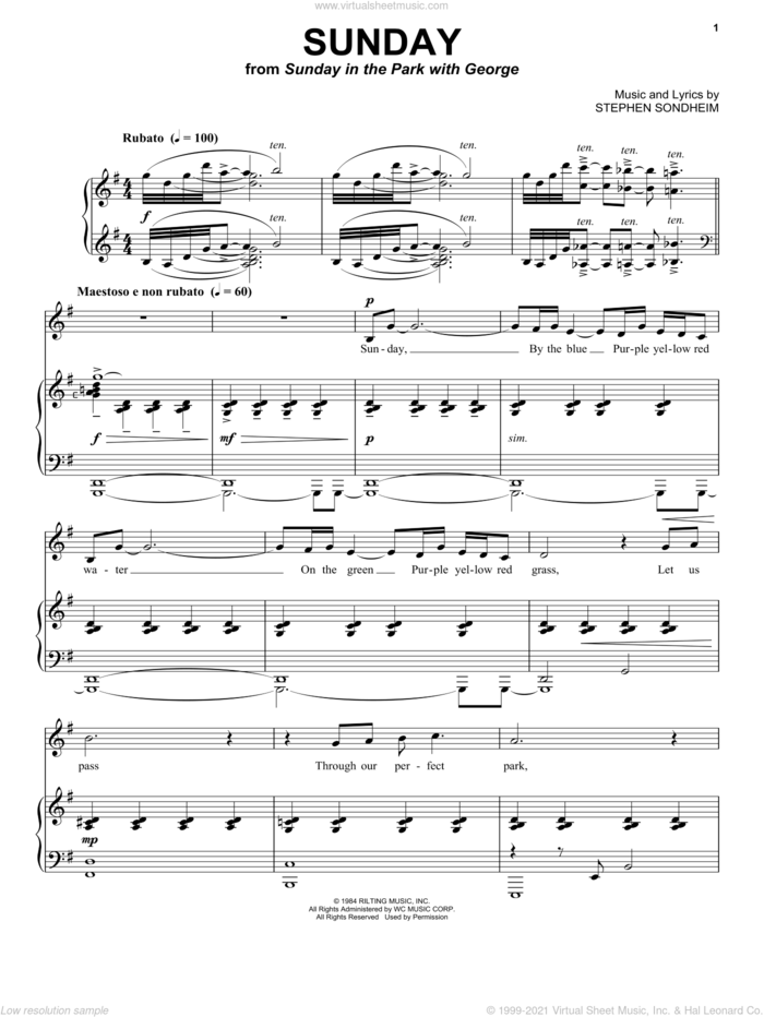 Sunday sheet music for voice and piano by Stephen Sondheim and Sunday In The Park With George (Musical), intermediate skill level