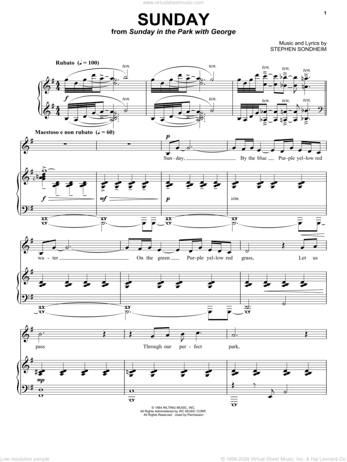 Sunday sheet music for voice and piano by Stephen Sondheim and Sunday In The Park With George (Musical), intermediate skill level