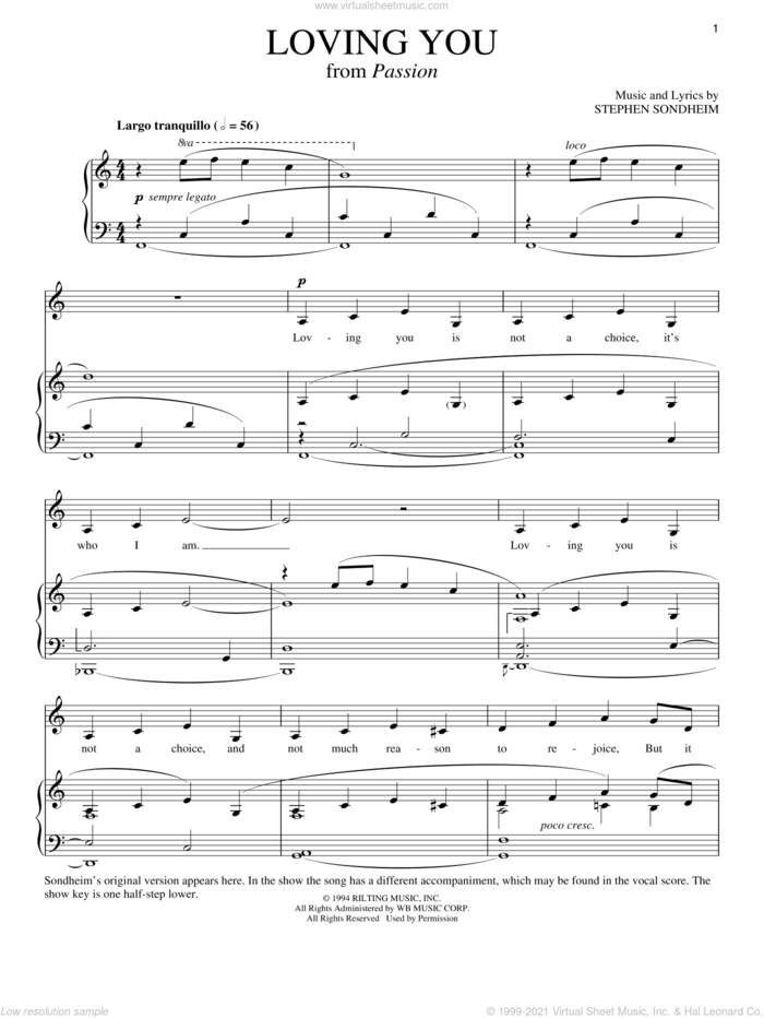 Loving You sheet music for voice and piano by Stephen Sondheim and Passion (Musical), intermediate skill level