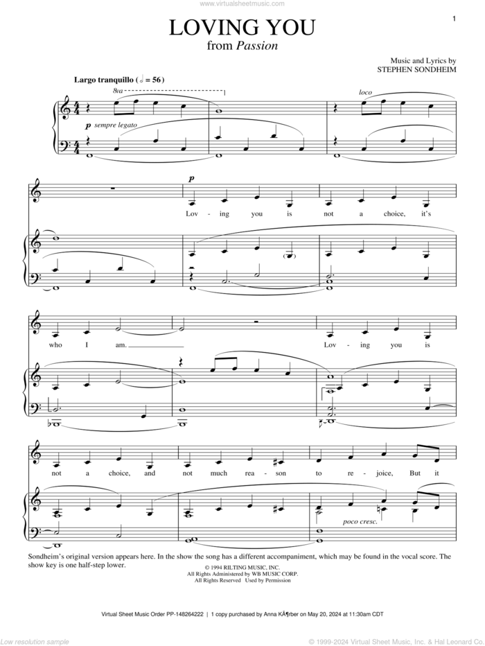 Loving You sheet music for voice and piano by Stephen Sondheim and Passion (Musical), intermediate skill level