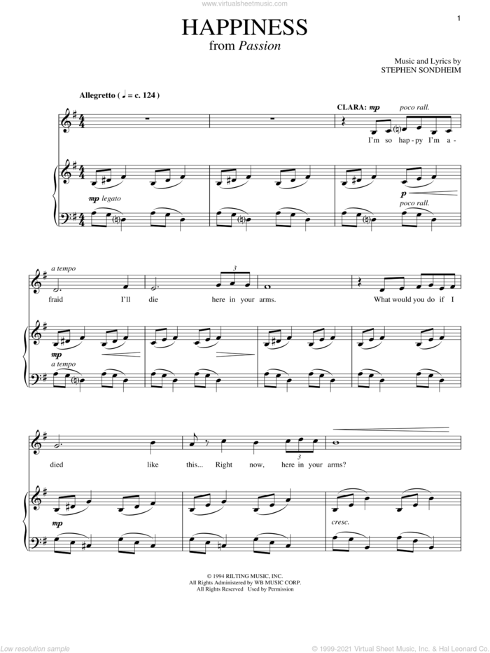 Happiness sheet music for voice and piano by Stephen Sondheim and Passion (Musical), intermediate skill level