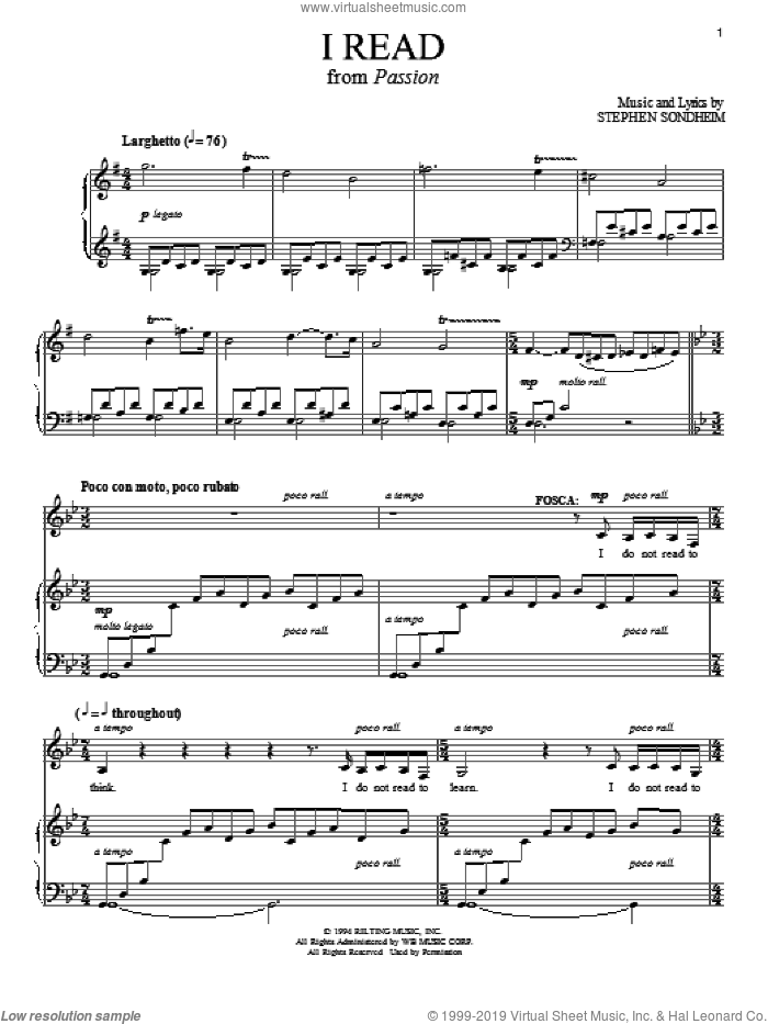 I Read sheet music for voice and piano by Stephen Sondheim and Passion (Musical), intermediate skill level