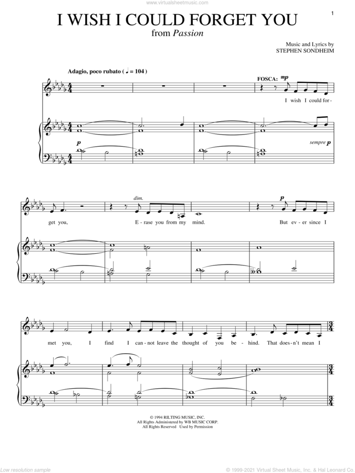 I Wish I Could Forget You sheet music for voice and piano by Stephen Sondheim and Passion (Musical), intermediate skill level