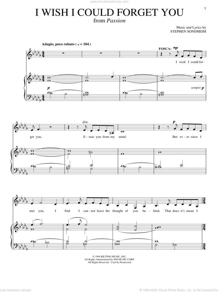 I Wish I Could Forget You sheet music for voice and piano by Stephen Sondheim and Passion (Musical), intermediate skill level