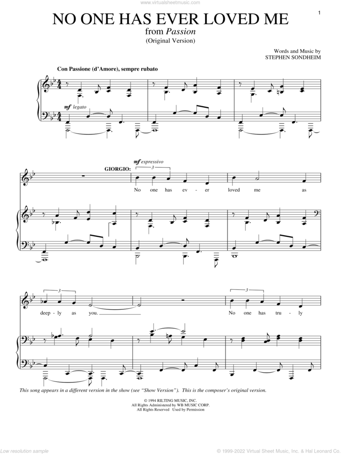 No One Has Ever Loved Me sheet music for voice and piano by Stephen Sondheim and Passion (Musical), intermediate skill level