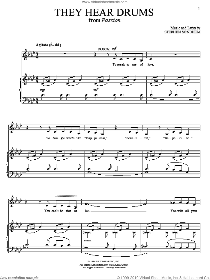 They Hear Drums sheet music for voice and piano by Stephen Sondheim and Passion (Musical), intermediate skill level