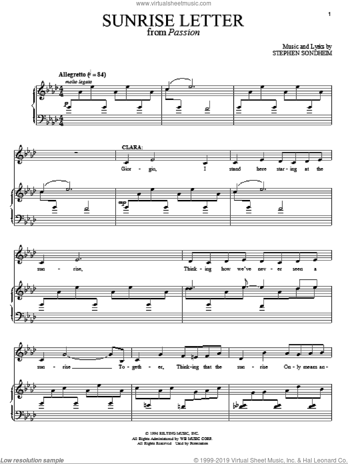 Sunrise Letter sheet music for voice and piano by Stephen Sondheim and Passion (Musical), intermediate skill level