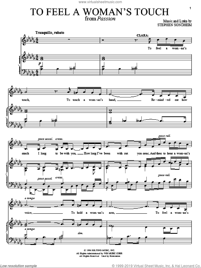 To Feel A Woman's Touch sheet music for voice and piano by Stephen Sondheim and Passion (Musical), intermediate skill level