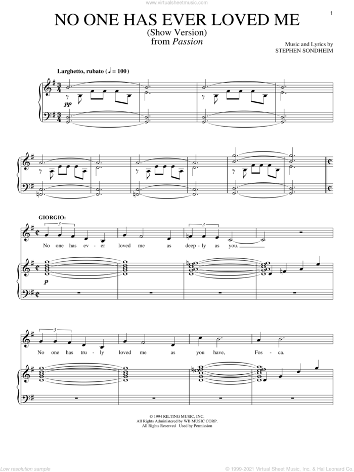 No One Has Ever Loved Me (Show Version) sheet music for voice and piano by Stephen Sondheim and Passion (Musical), intermediate skill level