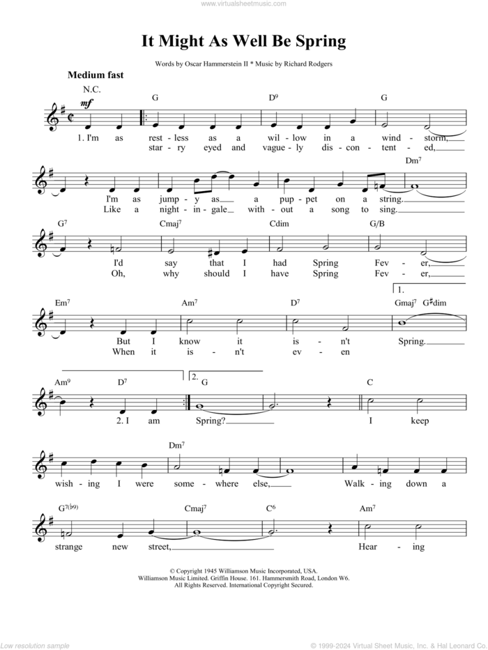 It Might As Well Be Spring sheet music for voice and other instruments (fake book) by Richard Rodgers, Rodgers & Hammerstein and Oscar II Hammerstein, intermediate skill level