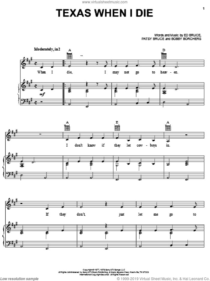 Texas When I Die sheet music for voice, piano or guitar by Tanya Tucker, Bobby Borchers, Ed Bruce and Patsy Bruce, intermediate skill level