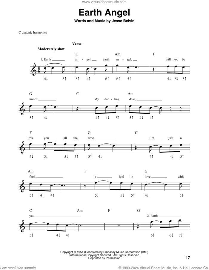 Earth Angel sheet music for harmonica solo by The Crew-Cuts, Eric Plahna, Jim Schustedt, Tad Dreis, Miscellaneous, The Penguins and Jesse Belvin, intermediate skill level