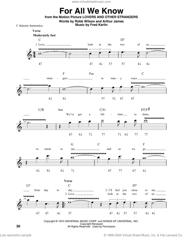 For All We Know sheet music for harmonica solo by Carpenters, Eric Plahna, Jim Schustedt, Tad Dreis, Fred Karlin, James Griffin and Robb Wilson, intermediate skill level