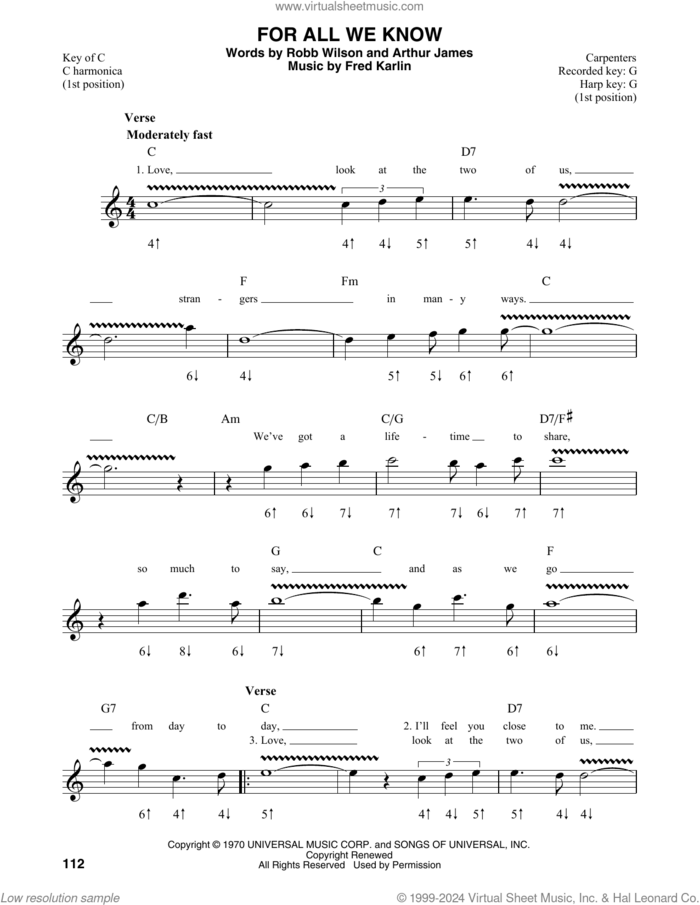 For All We Know sheet music for harmonica solo by Carpenters, Fred Karlin, James Griffin and Robb Wilson, intermediate skill level