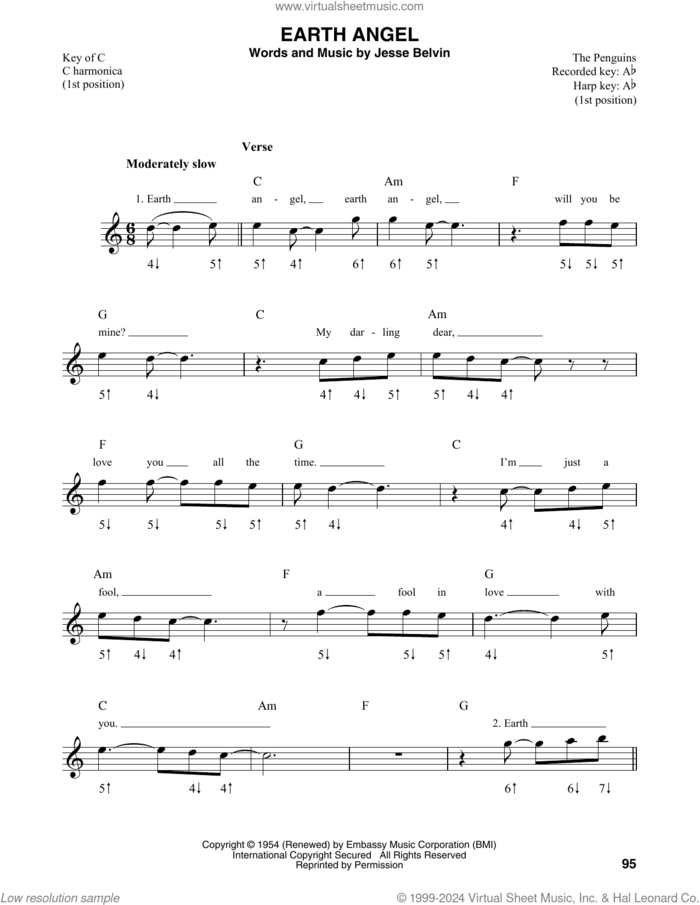 Earth Angel sheet music for harmonica solo by The Crew-Cuts, Miscellaneous, The Penguins and Jesse Belvin, intermediate skill level