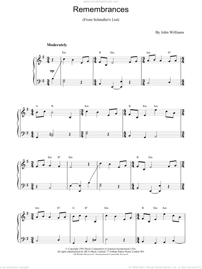 Remembrances sheet music for piano solo by John Williams, intermediate skill level