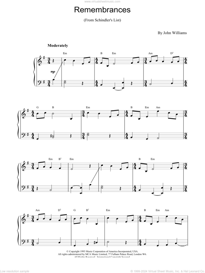 Remembrances sheet music for piano solo by John Williams, intermediate skill level