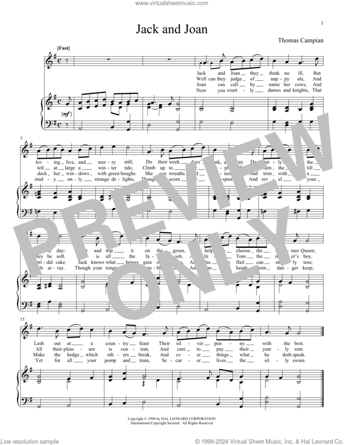 Jack And Joan sheet music for voice and piano (High Voice) by Thomas Campian, Steven Stolen and Richard Walters, classical score, intermediate skill level