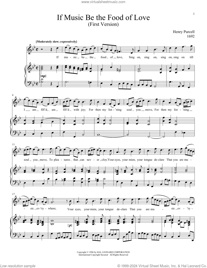 If Music Be The Food Of Love sheet music for voice and piano (High Voice) by Henry Purcell, Richard Walters and Steven Stolen, classical score, intermediate skill level