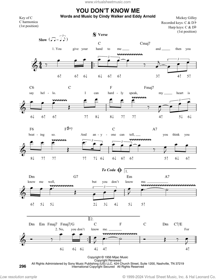 You Don't Know Me sheet music for harmonica solo by Ray Charles, Elvis Presley, Mickey Gilley, Cindy Walker and Eddy Arnold, intermediate skill level