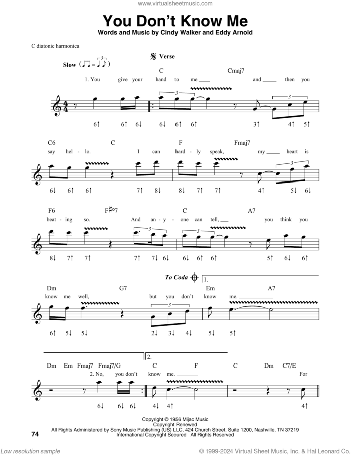 You Don't Know Me sheet music for harmonica solo by Ray Charles, Eric Plahna, Jim Schustedt, Tad Dreis, Elvis Presley, Mickey Gilley, Cindy Walker and Eddy Arnold, intermediate skill level