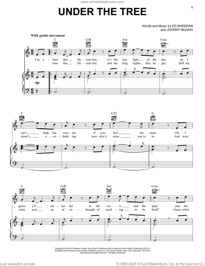 Under The Tree (from That Christmas) sheet music for voice, piano or guitar by Ed Sheeran and Johnny McDaid, intermediate skill level