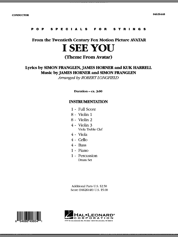 I See You (Theme from Avatar) (COMPLETE) sheet music for orchestra by Robert Longfield, James Horner and Simon Franglen, intermediate skill level