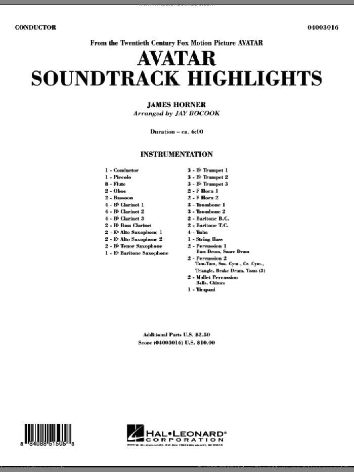 Avatar Soundtrack Highlights (COMPLETE) sheet music for concert band by James Horner and Jay Bocook, intermediate skill level