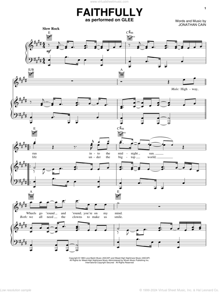 Faithfully sheet music for voice, piano or guitar by Glee Cast, Journey, Miscellaneous and Jonathan Cain, intermediate skill level