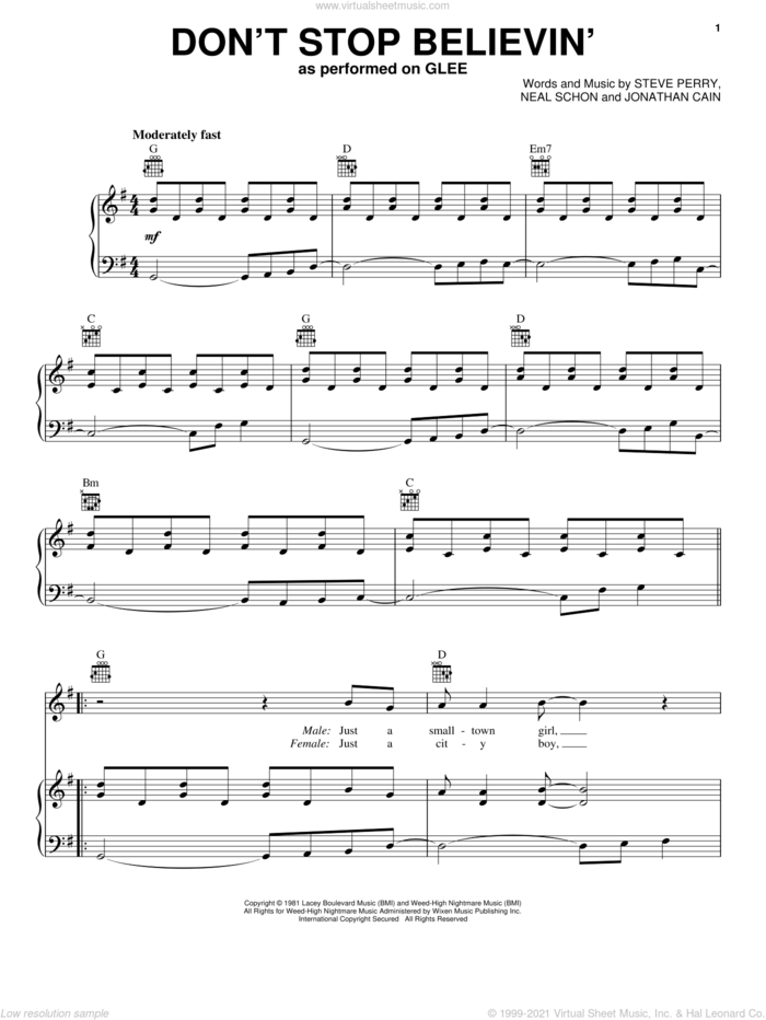 Don't Stop Believin' sheet music for voice, piano or guitar by Glee Cast, Journey, Miscellaneous, Jonathan Cain, Neal Schon and Steve Perry, intermediate skill level