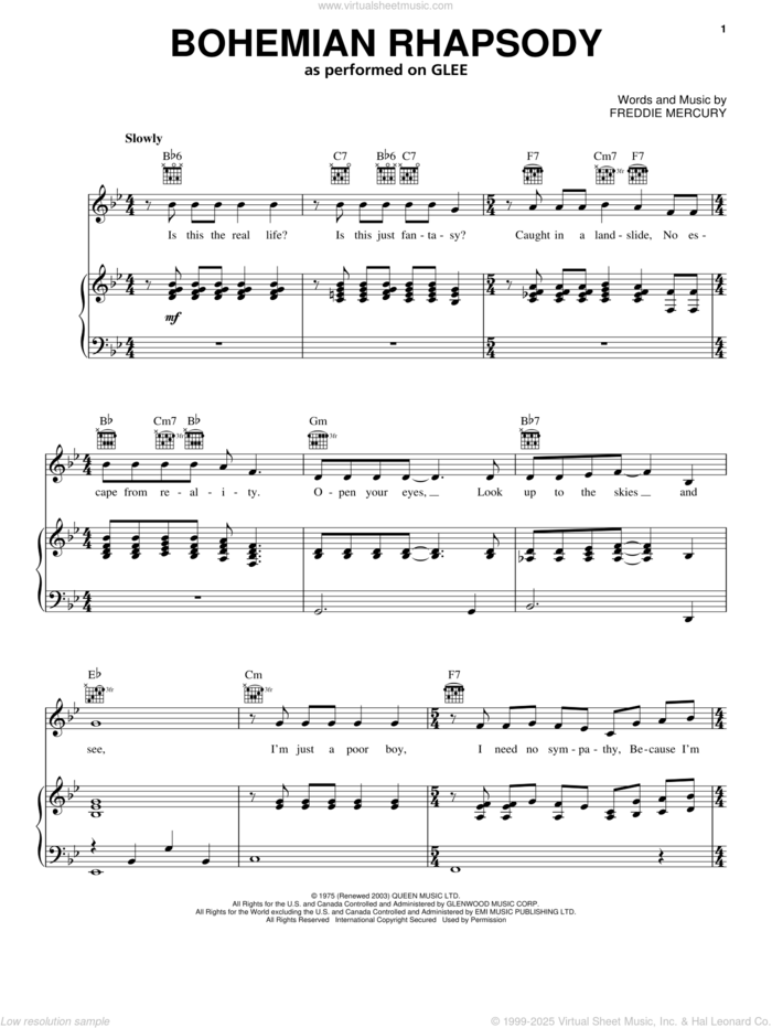 Bohemian Rhapsody sheet music for voice, piano or guitar by Glee Cast, Miscellaneous, Queen and Freddie Mercury, intermediate skill level