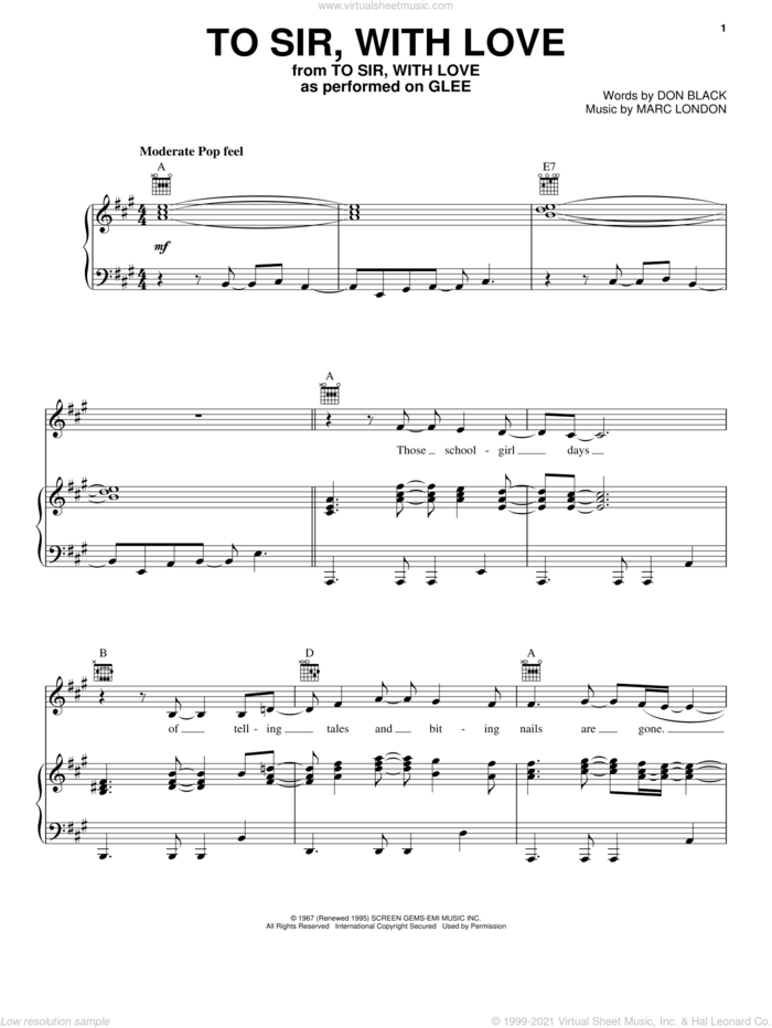 To Sir, With Love sheet music for voice, piano or guitar by Glee Cast, Lulu, Miscellaneous, Don Black and Marc London, intermediate skill level