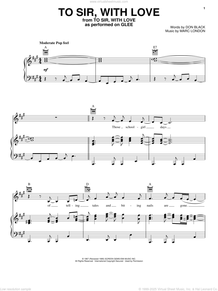 To Sir, With Love sheet music for voice, piano or guitar by Glee Cast, Lulu, Miscellaneous, Don Black and Marc London, intermediate skill level