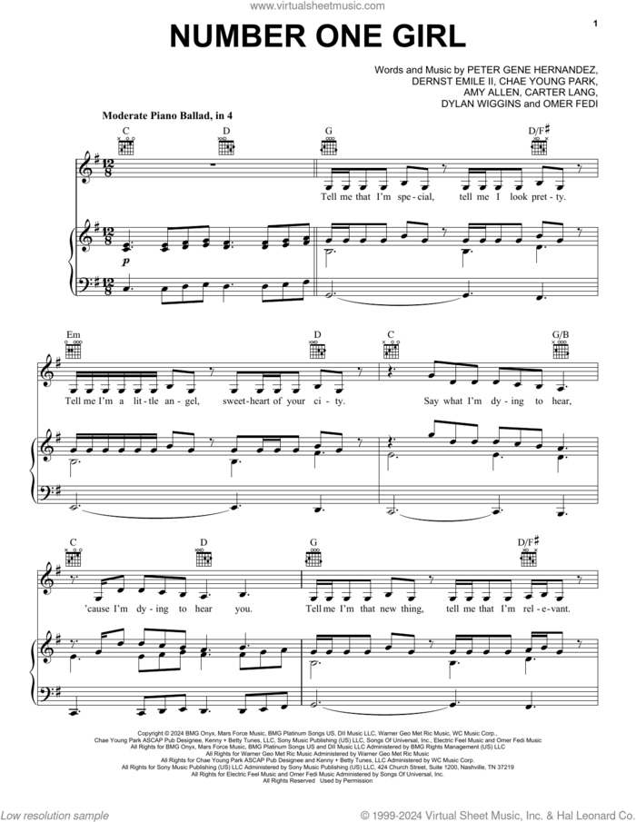 number one girl sheet music for voice, piano or guitar by ROSÉ, Amy Allen, Carter Lang, Chae Young Park, Dernst Emile II, Dylan Wiggins, Omer Fedi and Peter Gene Hernandez, intermediate skill level