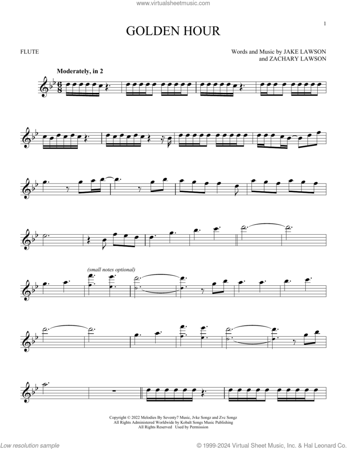 Golden Hour sheet music for flute solo by Jvke, Jake Lawson and Zachary Lawson, intermediate skill level