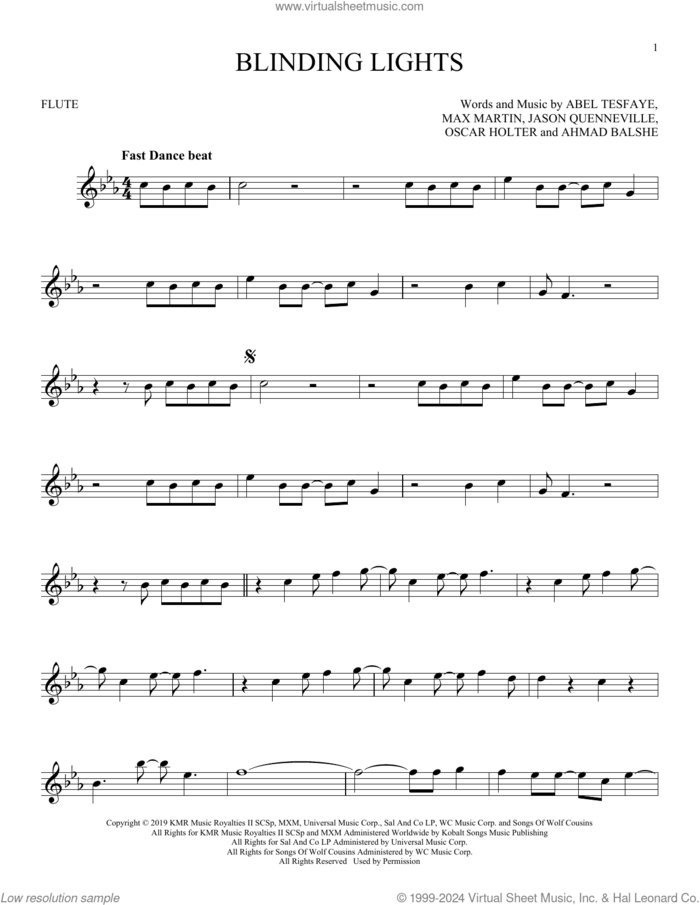 Blinding Lights sheet music for flute solo by The Weeknd, Abel Tesfaye, Ahmad Balshe, Jason Quenneville, Max Martin and Oscar Holter, intermediate skill level