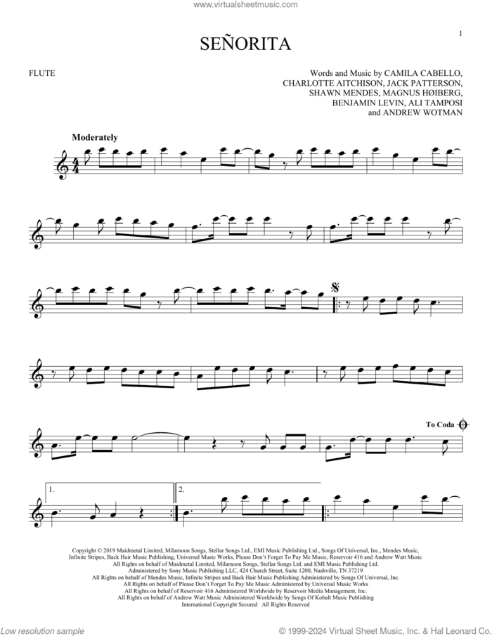 Senorita sheet music for flute solo by Shawn Mendes & Camila Cabello, Ali Tamposi, Andrew Wotman, Benjamin Levin, Camila Cabello, Charlotte Aitchison, Jack Patterson, Magnus Hoiberg and Shawn Mendes, intermediate skill level