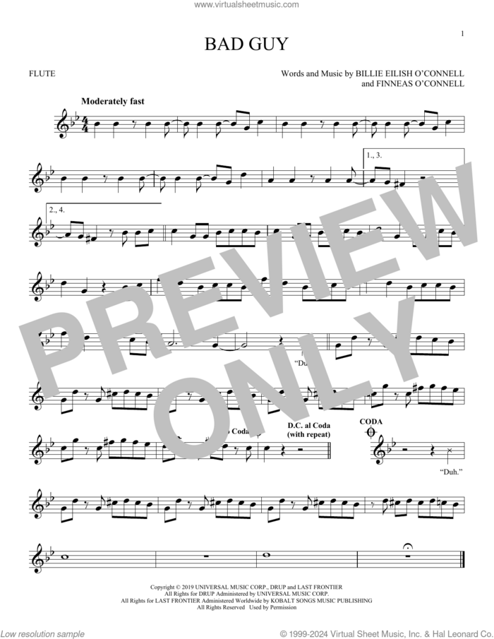 bad guy sheet music for flute solo by Billie Eilish, intermediate skill level