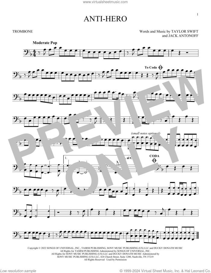 Anti-Hero sheet music for trombone solo by Taylor Swift and Jack Antonoff, intermediate skill level