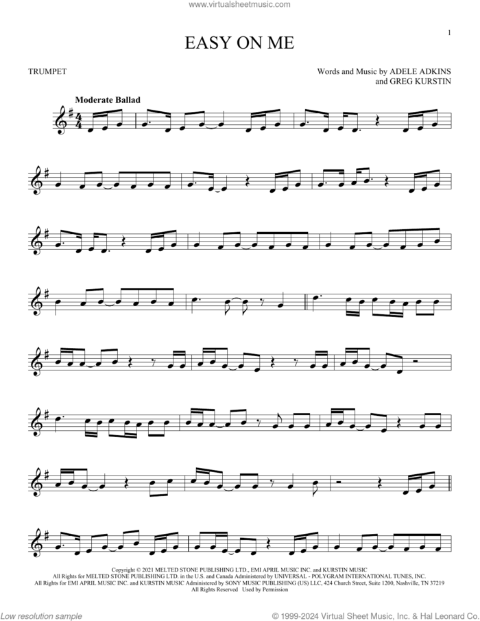 Easy On Me sheet music for trumpet solo by Adele, Adele Adkins and Greg Kurstin, intermediate skill level