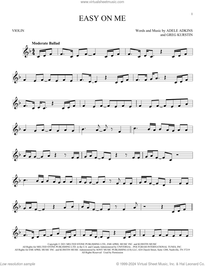 Easy On Me sheet music for violin solo by Adele, Adele Adkins and Greg Kurstin, intermediate skill level