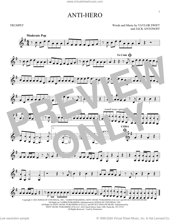 Anti-Hero sheet music for trumpet solo by Taylor Swift and Jack Antonoff, intermediate skill level