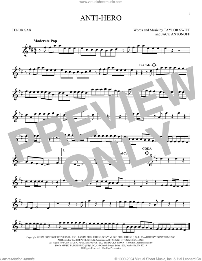 Anti-Hero sheet music for tenor saxophone solo by Taylor Swift and Jack Antonoff, intermediate skill level