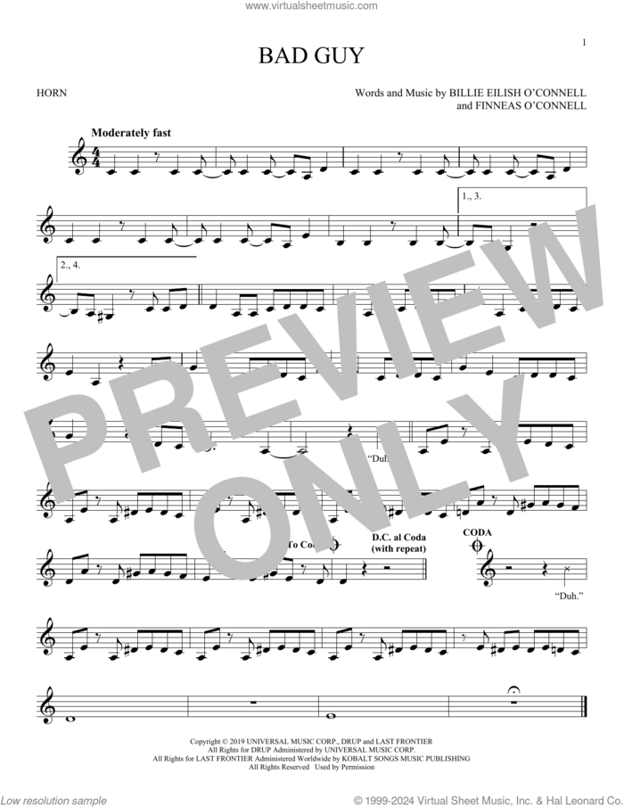 bad guy sheet music for horn solo by Billie Eilish, intermediate skill level