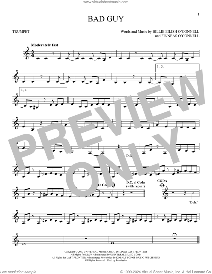 bad guy sheet music for trumpet solo by Billie Eilish, intermediate skill level